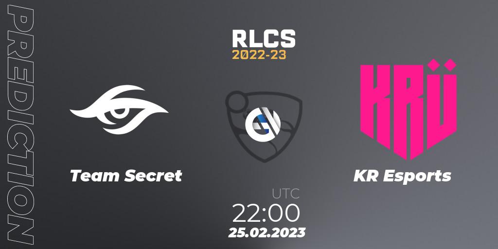 Pronósticos Team Secret - KRÜ Esports. 25.02.2023 at 20:00. RLCS 2022-23 - Winter: South America Regional 3 - Winter Invitational - Rocket League