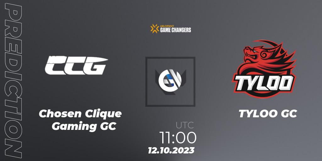 Pronósticos Chosen Clique Gaming GC - TYLOO GC. 12.10.2023 at 13:00. VALORANT Champions Tour 2023: Game Changers China Qualifier - VALORANT