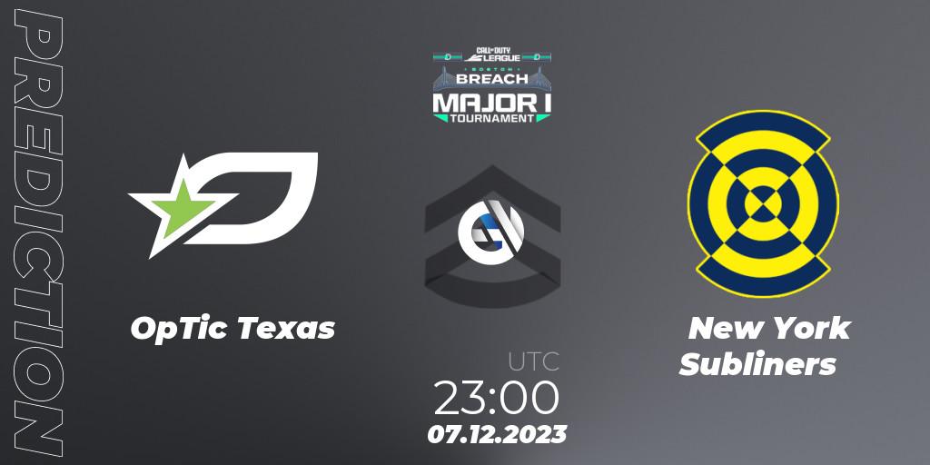 Pronósticos OpTic Texas - New York Subliners. 08.12.2023 at 23:30. Call of Duty League 2024: Stage 1 Major Qualifiers - Call of Duty