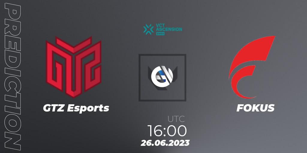 Pronósticos GTZ Esports - FOKUS. 26.06.2023 at 15:00. VALORANT Challengers Ascension 2023: EMEA - Play-In - VALORANT