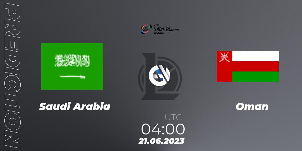 Pronósticos Saudi Arabia - Oman. 21.06.2023 at 04:00. 2022 AESF Road to Asian Games - West Asia - LoL