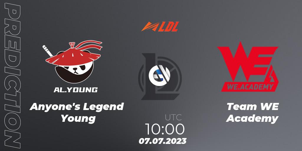 Pronósticos Anyone's Legend Young - Team WE Academy. 07.07.2023 at 11:10. LDL 2023 - Regular Season - Stage 3 - LoL