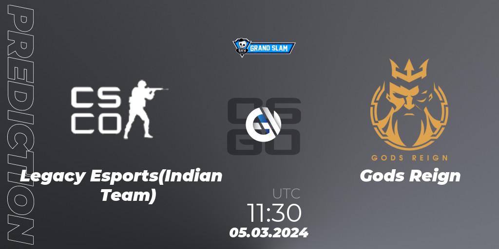 Pronósticos Legacy Esports(Indian Team) - Gods Reign. 05.03.2024 at 11:30. Skyesports Grand Slam 2024: Indian Qualifier - Counter-Strike (CS2)