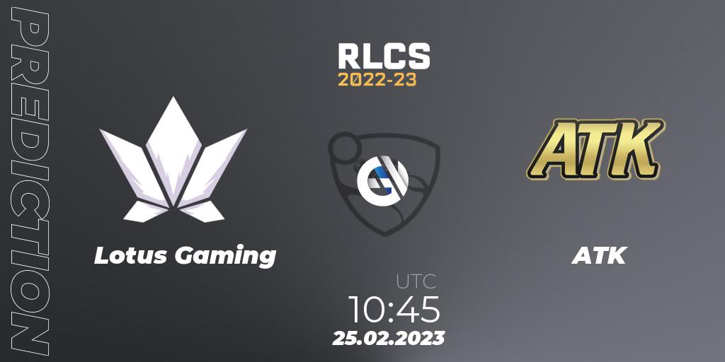 Pronósticos Lotus Gaming - ATK. 25.02.2023 at 10:45. RLCS 2022-23 - Winter: Asia-Pacific Regional 3 - Winter Invitational - Rocket League
