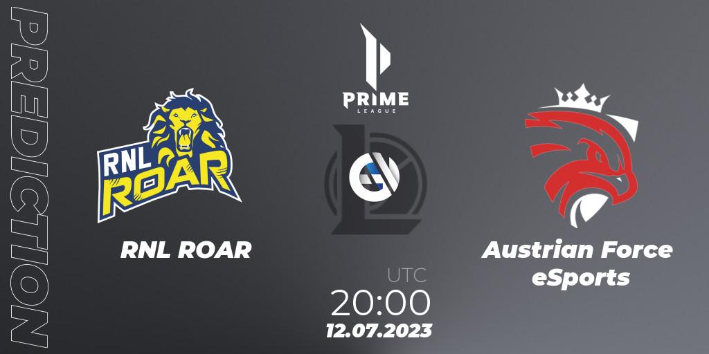 Pronósticos RNL ROAR - Austrian Force eSports. 12.07.2023 at 20:00. Prime League 2nd Division Summer 2023 - LoL