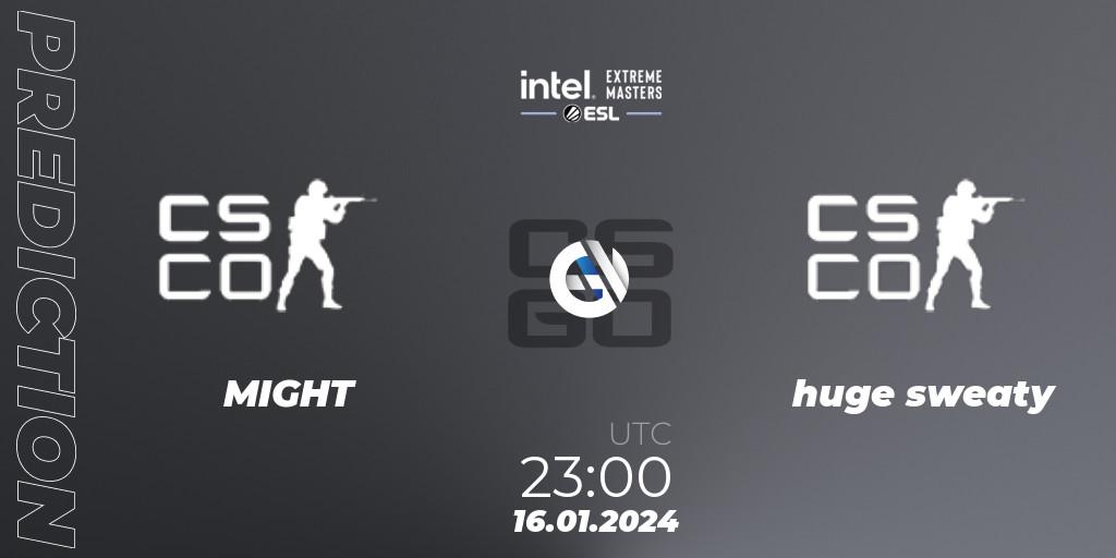 Pronósticos MIGHT - huge sweaty. 16.01.2024 at 23:00. Intel Extreme Masters China 2024: North American Open Qualifier #1 - Counter-Strike (CS2)