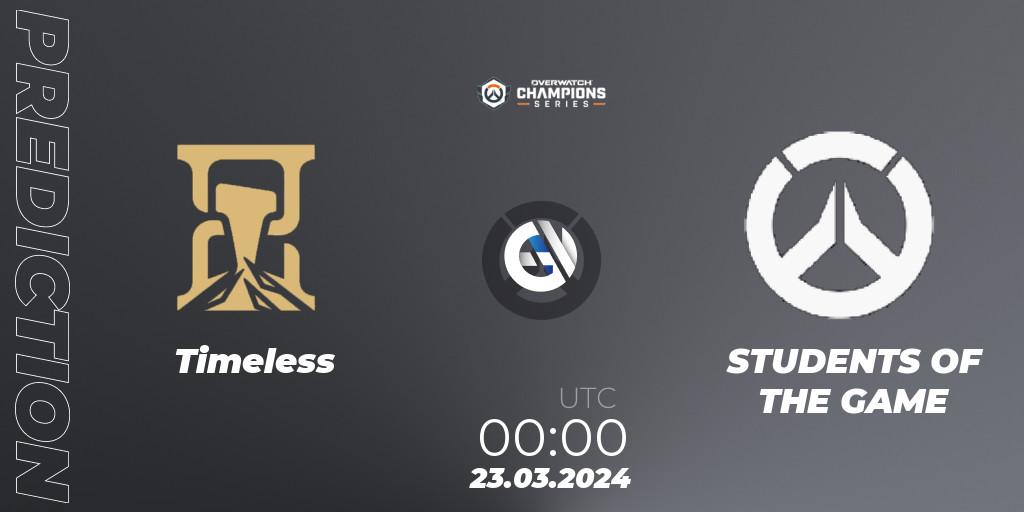 Pronósticos Timeless - STUDENTS OF THE GAME. 22.03.2024 at 23:00. Overwatch Champions Series 2024 - North America Stage 1 Main Event - Overwatch