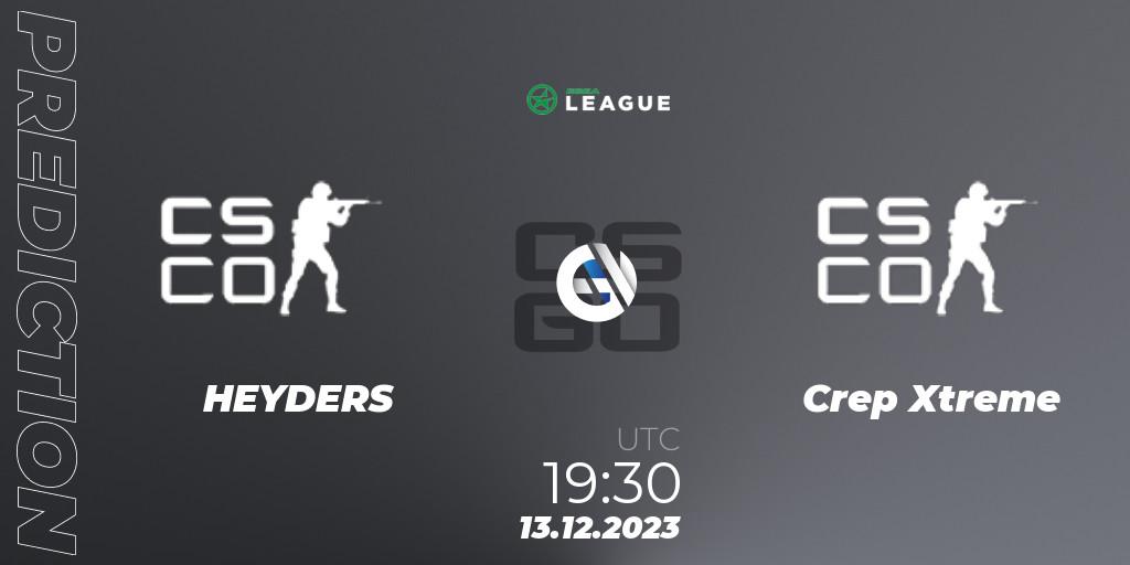 Pronósticos HEYDERS - Crep Xtreme. 13.12.2023 at 19:30. ESEA Season 47: Open Division - Europe - Counter-Strike (CS2)