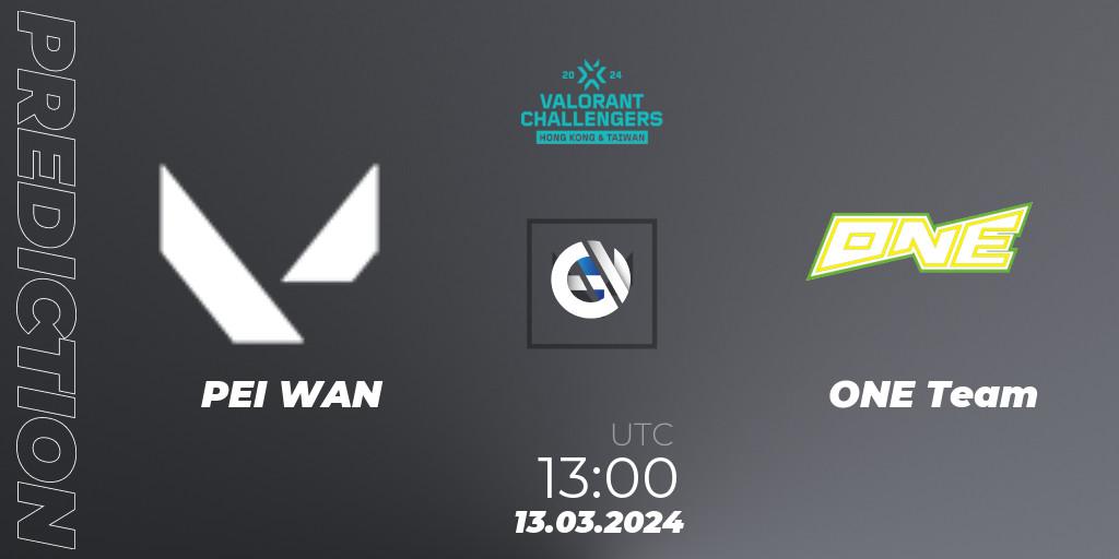 Pronósticos PEI WAN - ONE Team. 13.03.2024 at 13:00. VALORANT Challengers Hong Kong and Taiwan 2024: Split 1 - VALORANT