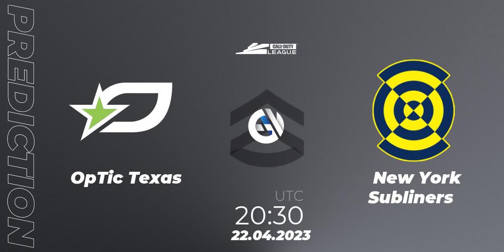 Pronósticos OpTic Texas - New York Subliners. 22.04.2023 at 20:30. Call of Duty League 2023: Stage 4 Major - Call of Duty