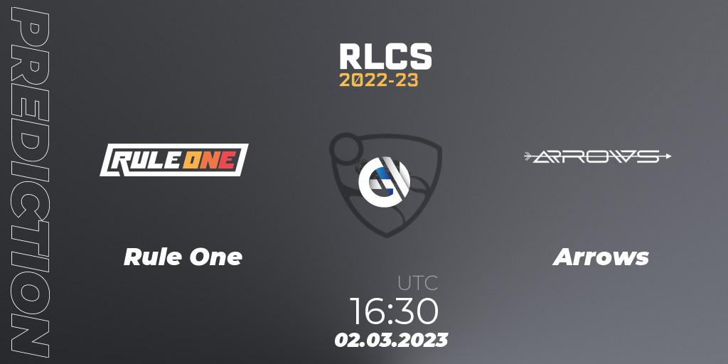 Pronósticos Rule One - Arrows. 02.03.2023 at 16:30. RLCS 2022-23 - Winter: Middle East and North Africa Regional 3 - Winter Invitational - Rocket League