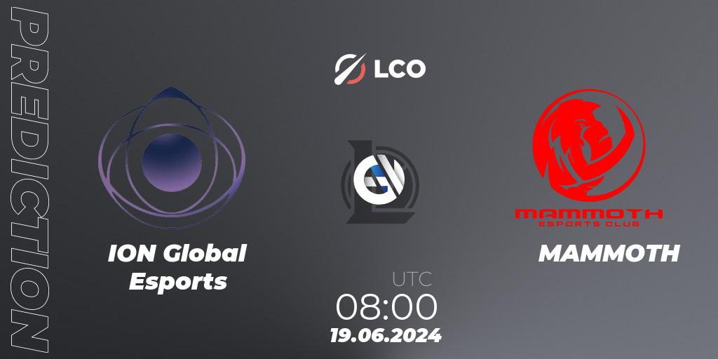 Pronósticos ION Global Esports - MAMMOTH. 19.06.2024 at 08:00. LCO Split 2 2024 - Group Stage - LoL