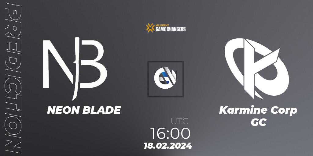 Pronósticos NEON BLADE - Karmine Corp GC. 18.02.2024 at 16:00. VCT 2024: Game Changers EMEA Stage 1 - VALORANT