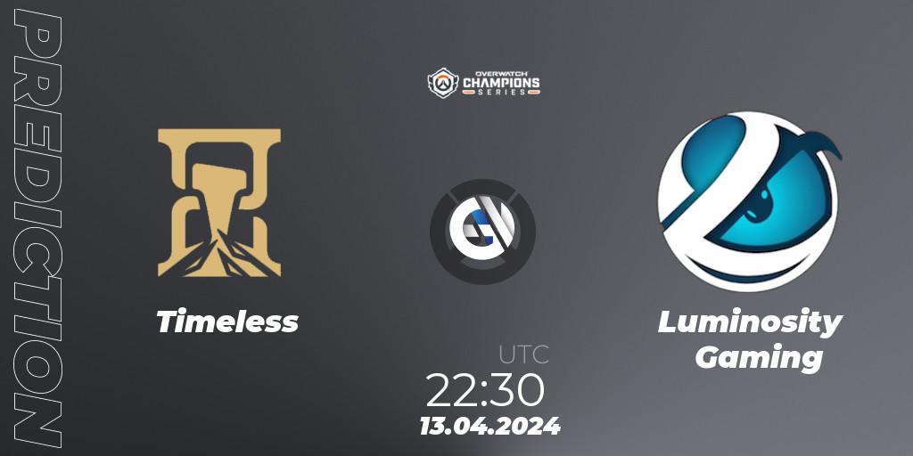 Pronósticos Timeless - Luminosity Gaming. 13.04.2024 at 22:30. Overwatch Champions Series 2024 - North America Stage 2 Group Stage - Overwatch