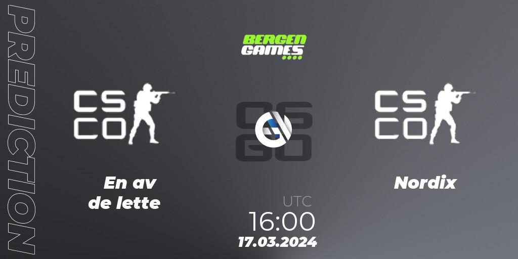 Pronósticos En av de lette - Nordix Esport. 17.03.2024 at 16:00. Bergen Games 2024 - Counter-Strike (CS2)