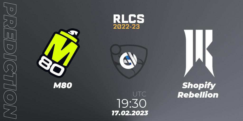 Pronósticos M80 - Shopify Rebellion. 17.02.2023 at 19:30. RLCS 2022-23 - Winter: North America Regional 2 - Winter Cup - Rocket League