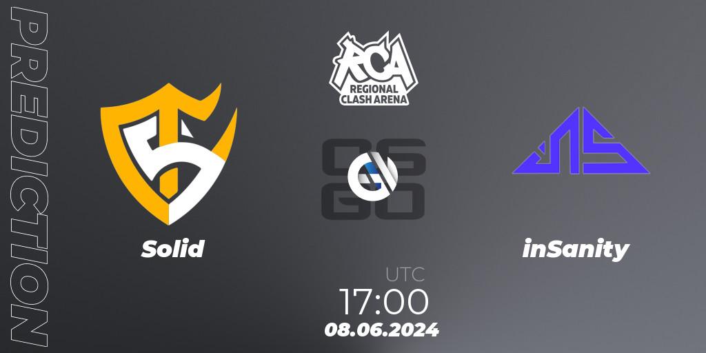Pronósticos Solid - inSanity. 08.06.2024 at 17:00. Regional Clash Arena South America - Counter-Strike (CS2)