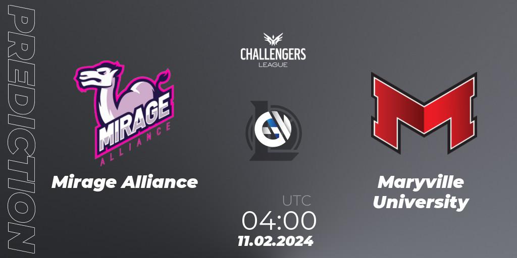 Pronósticos Mirage Alliance - Maryville University. 11.02.2024 at 04:00. NACL 2024 Spring - Group Stage - LoL