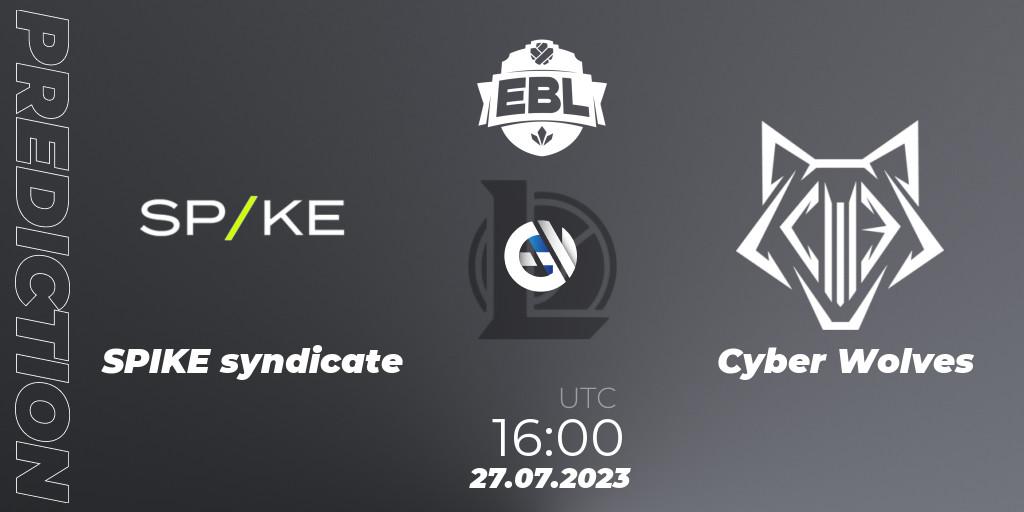 Pronósticos SPIKE syndicate - Cyber Wolves. 27.07.2023 at 16:00. Esports Balkan League Season 13 - LoL