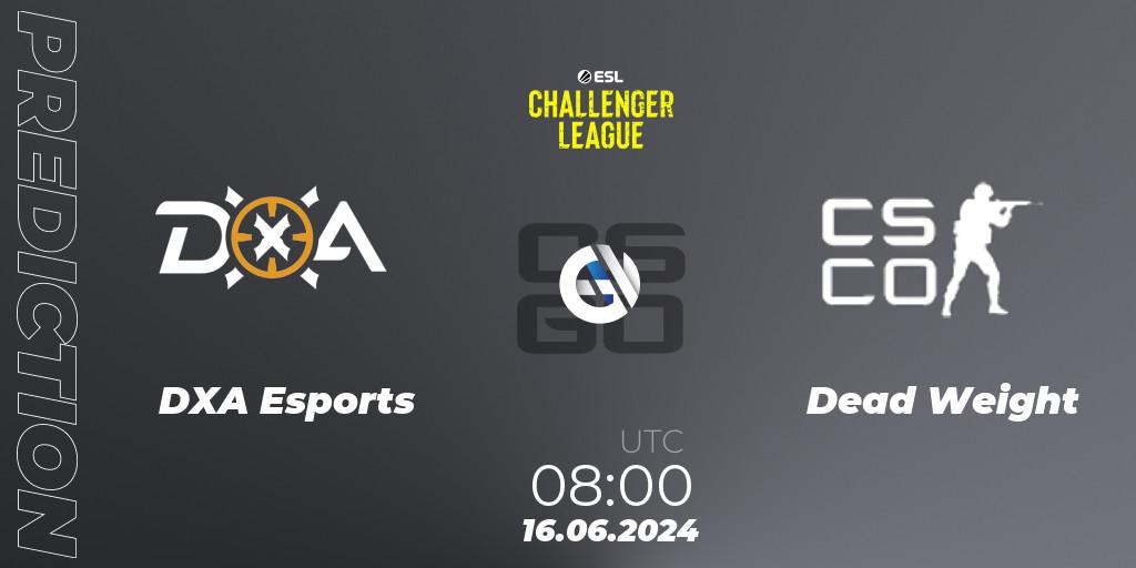 Pronósticos DXA Esports - Dead Weight. 16.06.2024 at 08:00. ESL Challenger League Season 47 Relegation: Oceania - Counter-Strike (CS2)