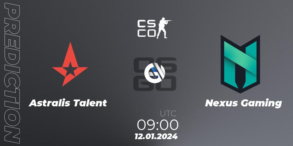 Pronósticos Astralis Talent - Nexus Gaming. 12.01.2024 at 09:00. European Pro League Season 14: Division 2 - Counter-Strike (CS2)