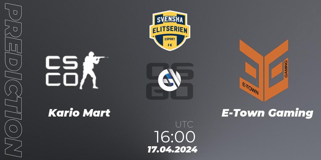 Pronósticos Kario Mart - E-Town Gaming. 17.04.2024 at 16:10. Svenska Elitserien Spring 2024 - Counter-Strike (CS2)