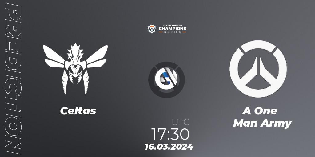 Pronósticos Celtas - A One Man Army. 16.03.2024 at 17:30. Overwatch Champions Series 2024 - EMEA Stage 1 Group Stage - Overwatch