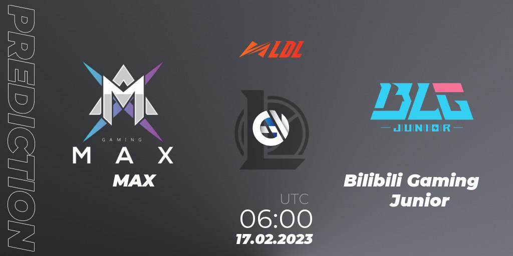 Pronósticos MAX - Bilibili Gaming Junior. 17.02.2023 at 06:00. LDL 2023 - Regular Season - LoL