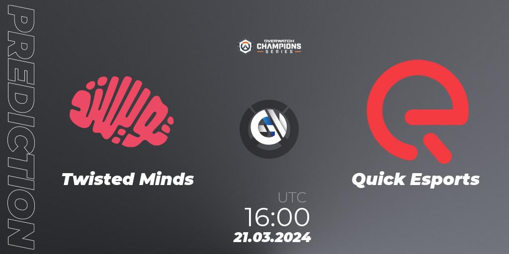 Pronósticos Twisted Minds - Quick Esports. 21.03.2024 at 16:30. Overwatch Champions Series 2024 - EMEA Stage 1 Main Event - Overwatch