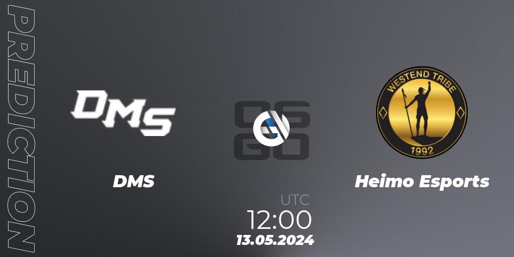 Pronósticos DMS - Heimo Esports. 13.05.2024 at 12:25. CCT Season 2 Europe Series 4 Closed Qualifier - Counter-Strike (CS2)