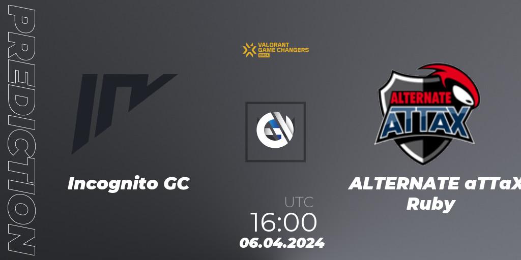 Pronósticos Incognito GC - ALTERNATE aTTaX Ruby. 06.04.2024 at 16:00. VCT 2024: Game Changers EMEA Contenders Series 1 - VALORANT