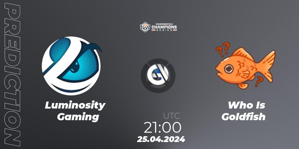 Pronósticos Luminosity Gaming - Who Is Goldfish. 25.04.2024 at 21:00. Overwatch Champions Series 2024 - North America Stage 2 Main Event - Overwatch
