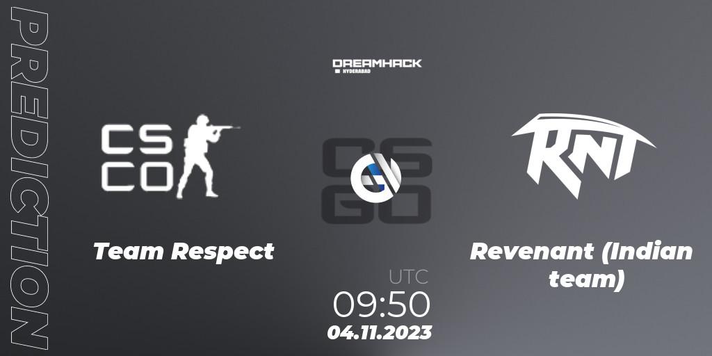 Pronósticos Team Respect - Revenant (Indian team). 04.11.2023 at 09:50. DreamHack Hyderabad Invitational 2023 - Counter-Strike (CS2)
