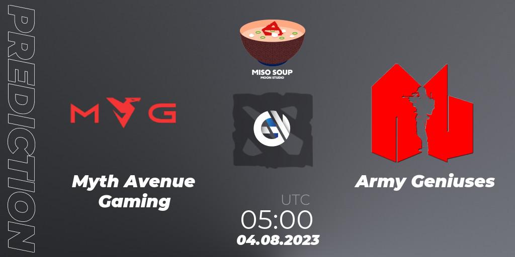Pronósticos Myth Avenue Gaming - Army Geniuses. 04.08.2023 at 08:17. Moon Studio Miso Soup - Dota 2