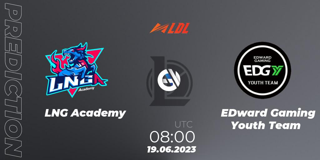 Pronósticos LNG Academy - EDward Gaming Youth Team. 19.06.2023 at 09:00. LDL 2023 - Regular Season - Stage 3 - LoL
