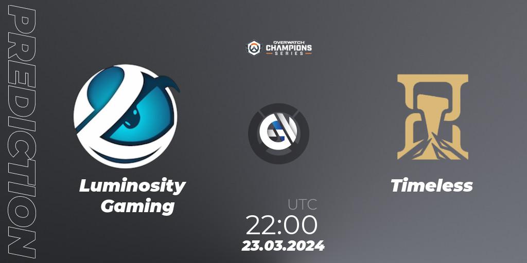 Pronósticos Luminosity Gaming - Timeless. 23.03.2024 at 22:00. Overwatch Champions Series 2024 - North America Stage 1 Main Event - Overwatch