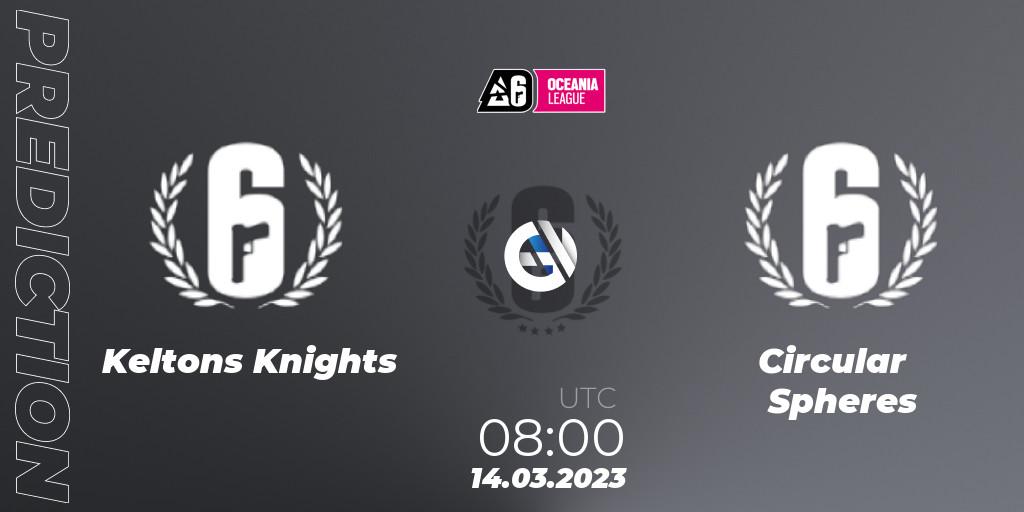 Pronósticos Keltons Knights - Circular Spheres. 14.03.2023 at 08:15. Oceania League 2023 - Stage 1 - Rainbow Six
