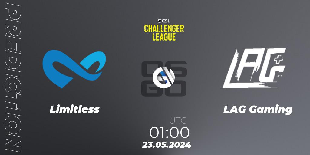 Pronósticos Limitless - LAG Gaming. 23.05.2024 at 01:00. ESL Challenger League Season 47: North America - Counter-Strike (CS2)