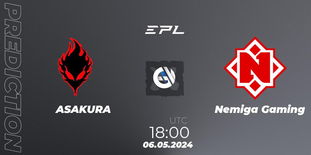 Pronósticos ASAKURA - Nemiga Gaming. 06.05.2024 at 18:20. European Pro League Season 18 - Dota 2