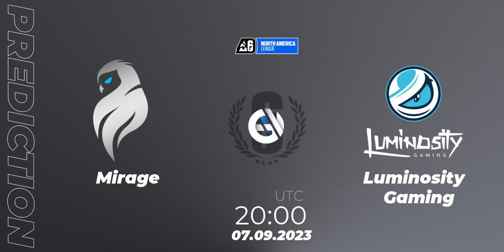 Pronósticos Mirage - Luminosity Gaming. 07.09.2023 at 20:00. North America League 2023 - Stage 2 - Rainbow Six