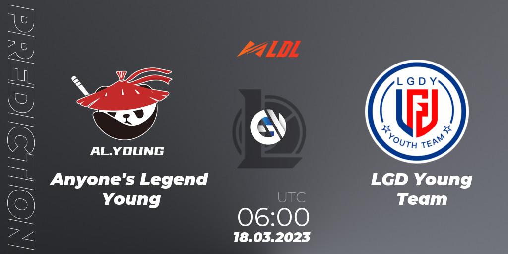 Pronósticos Anyone's Legend Young - LGD Young Team. 18.03.2023 at 06:00. LDL 2023 - Regular Season - LoL