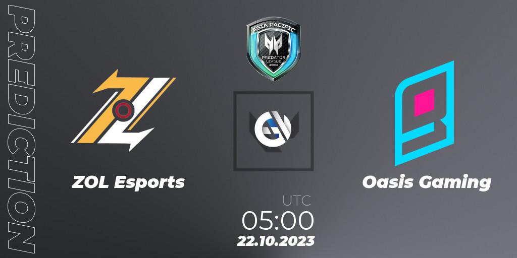 Pronósticos ZOL Esports - Oasis Gaming. 22.10.2023 at 09:30. Predator League Philippines 2024 - VALORANT