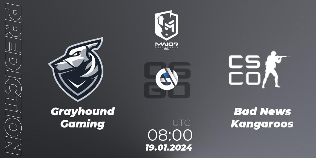 Pronósticos Grayhound Gaming - Bad News KangaroosN. 19.01.2024 at 08:00. PGL CS2 Major Copenhagen 2024 Oceania RMR Closed Qualifier - Counter-Strike (CS2)