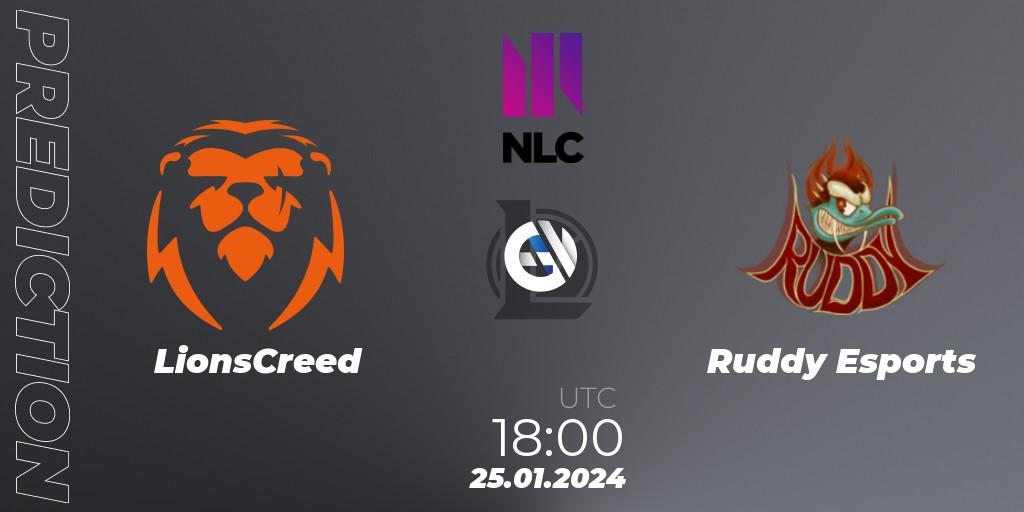 Pronósticos LionsCreed - Ruddy Esports. 25.01.2024 at 19:00. NLC 1st Division Spring 2024 - LoL