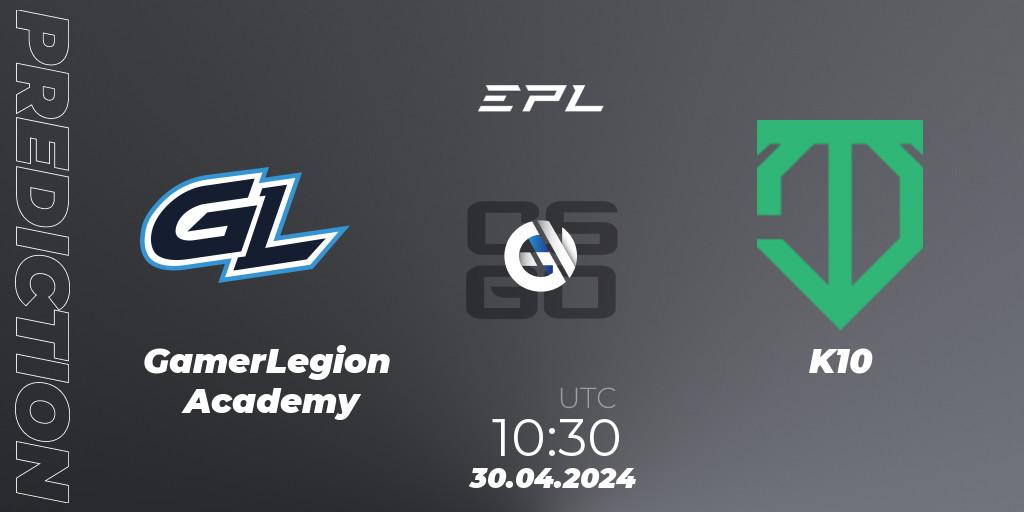 Pronósticos GamerLegion Academy - K10. 30.04.2024 at 11:15. European Pro League Season 17: Division 2 - Counter-Strike (CS2)