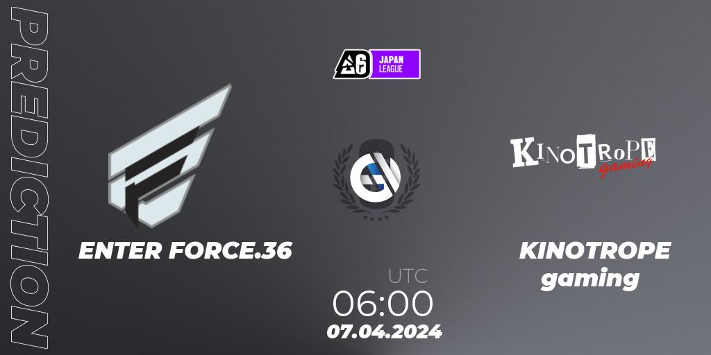 Pronósticos ENTER FORCE.36 - KINOTROPE gaming. 07.04.2024 at 06:00. Japan League 2024 - Stage 1 - Rainbow Six