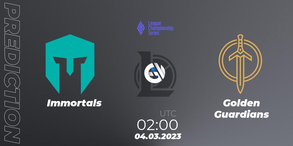 Pronósticos Immortals - Golden Guardians. 04.03.2023 at 02:00. LCS Spring 2023 - Group Stage - LoL