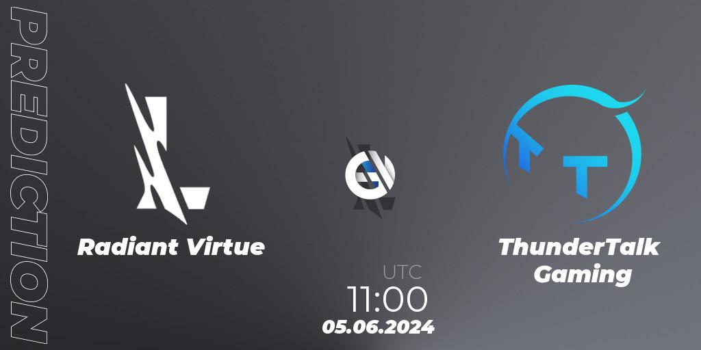 Pronósticos Radiant Virtue - ThunderTalk Gaming. 05.06.2024 at 11:00. Wild Rift Super League Summer 2024 - 5v5 Tournament Group Stage - Wild Rift