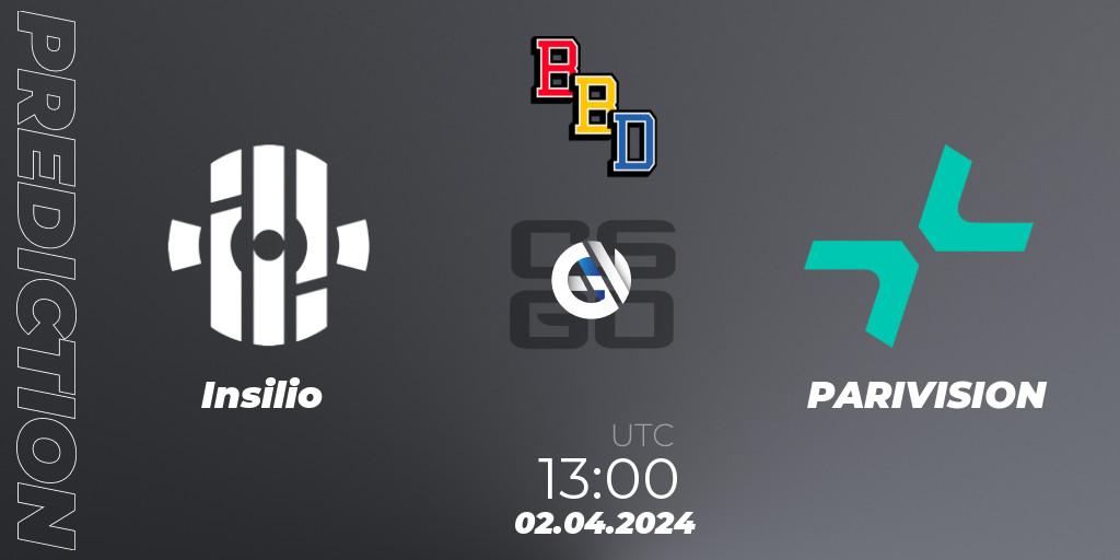Pronósticos Insilio - PARIVISION. 02.04.2024 at 13:00. BetBoom Dacha Belgrade 2024: European Qualifier - Counter-Strike (CS2)
