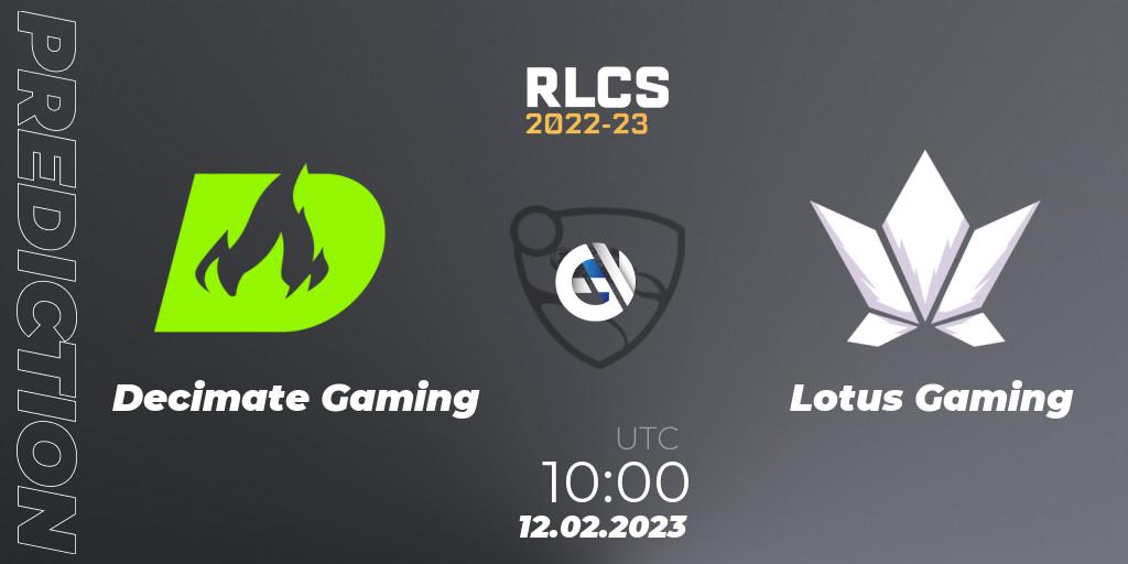 Pronósticos Decimate Gaming - Lotus Gaming. 12.02.2023 at 11:00. RLCS 2022-23 - Winter: Asia-Pacific Regional 2 - Winter Cup - Rocket League